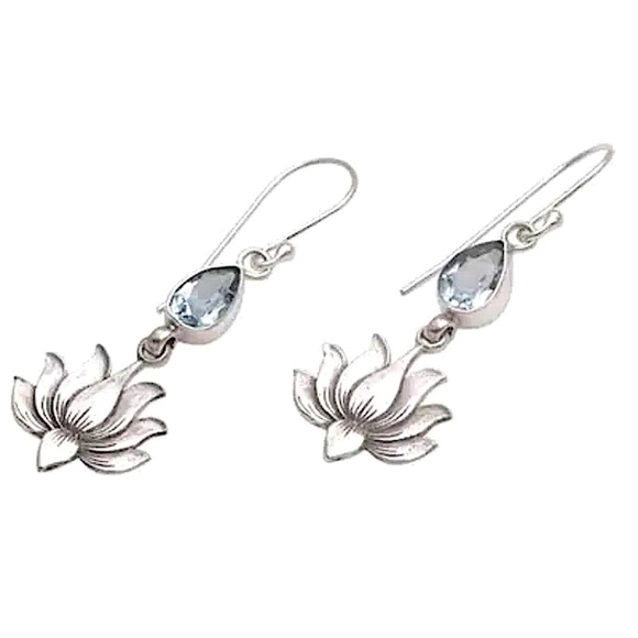 Silver Blue Topaz Lotus Dangle Earrings Dainty Flower Stone Hook Water Drop - Picture 5 of 6